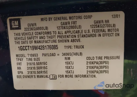 2002 Chevrolet S-10 Ls из США, поврежденный, VIN 1GCCT19W428176085